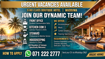 Hotel Staff Vacancies – Front Office / Kitchen Com 3 / Steward / Housekeeping